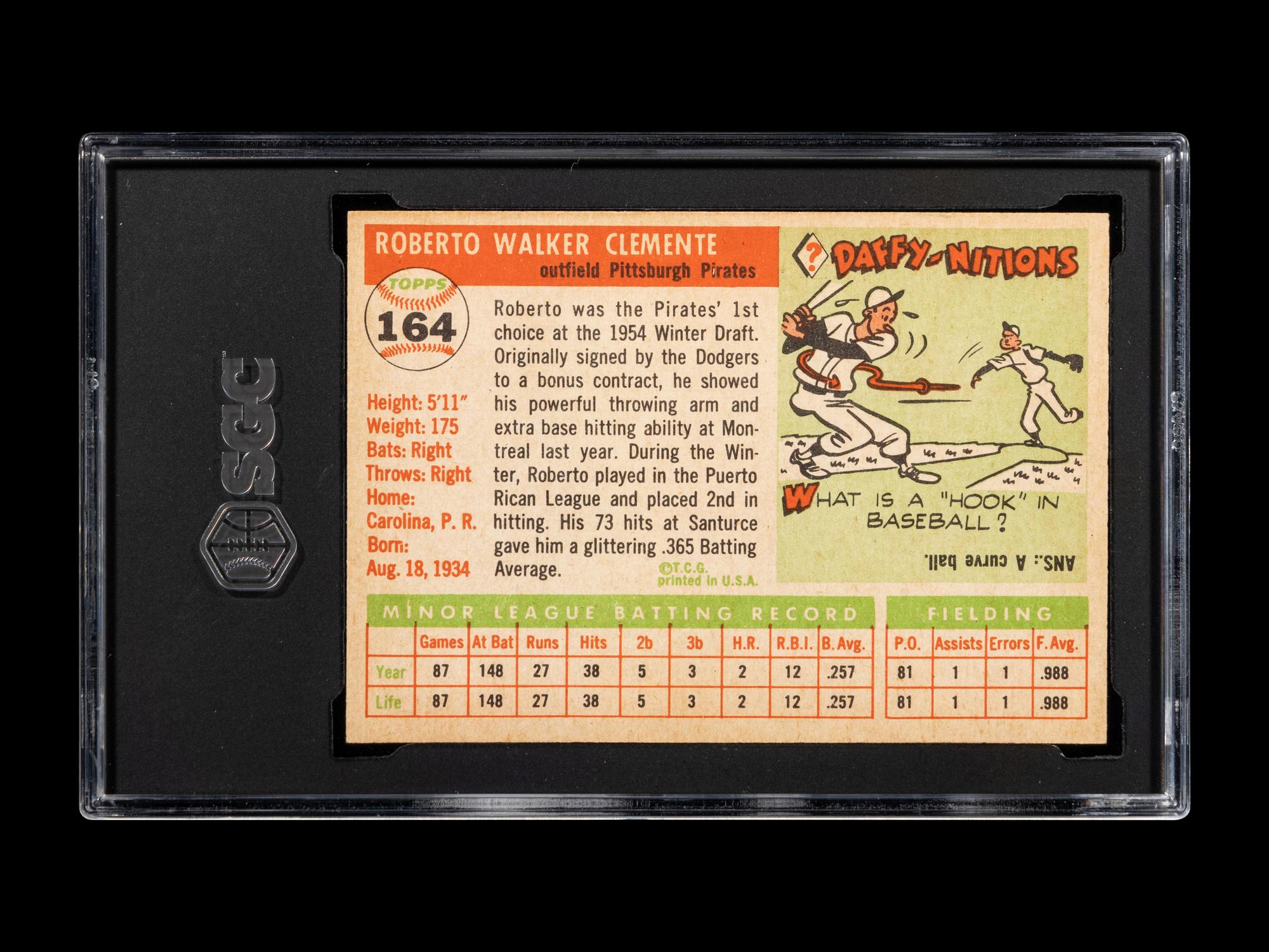 A 1955 Topps Roberto Clemente Rookie Baseball Card No. 164 SGC 5.5 EX+)