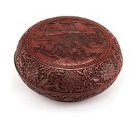 A Chinese Cinnabar Lacquer Covered Box Height 5 x diameter 12 inches.