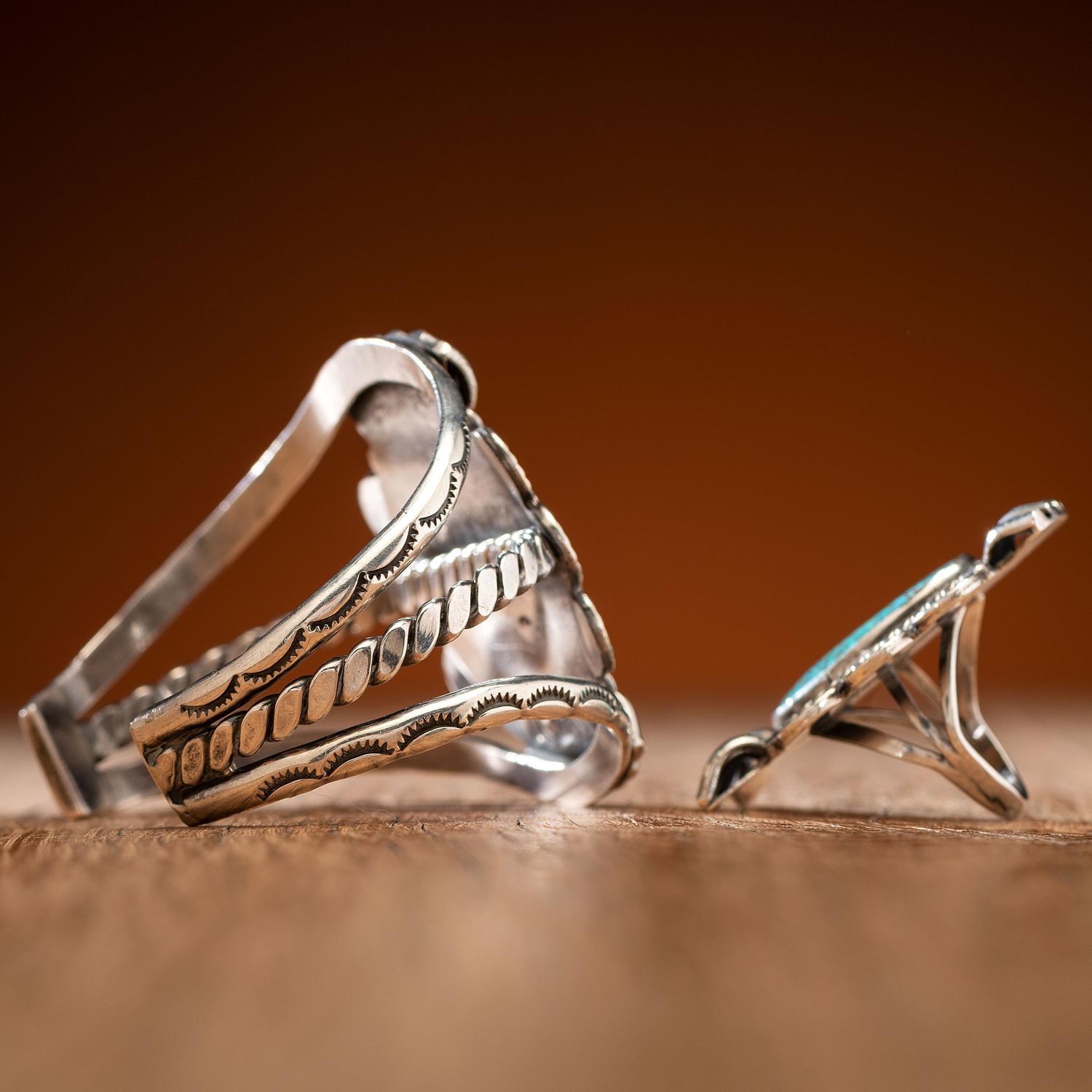Navajo Silver and Spider Web #8 Turquoise Cuff Bracelet AND Ring