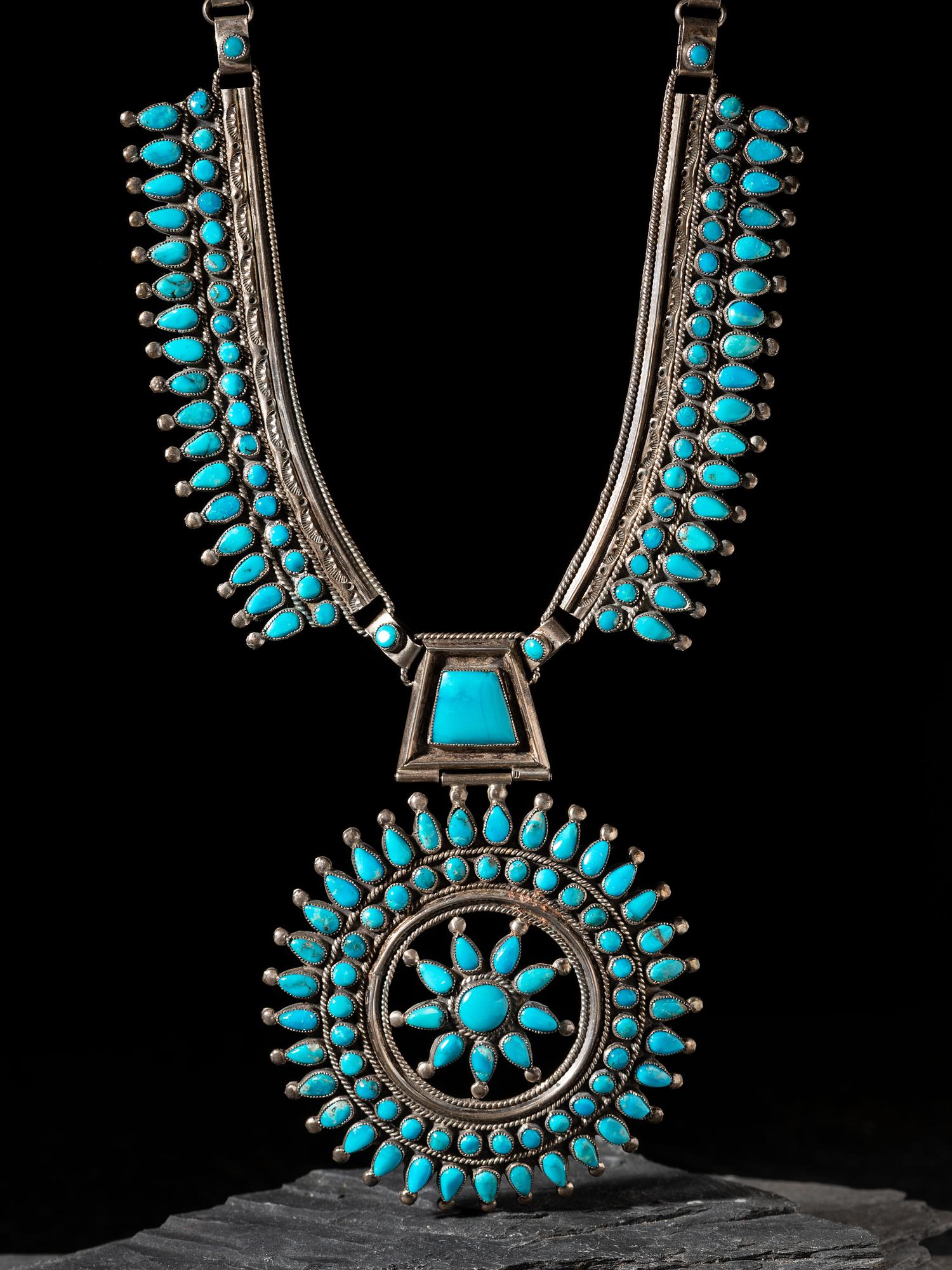 Silver and Petit Point Turquoise Cluster Necklace