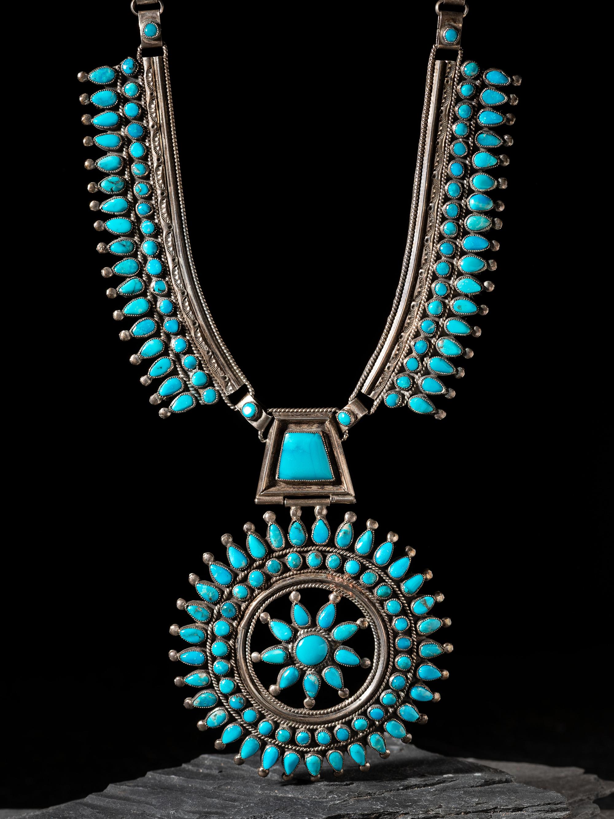 Silver and Petit Point Turquoise Cluster Necklace