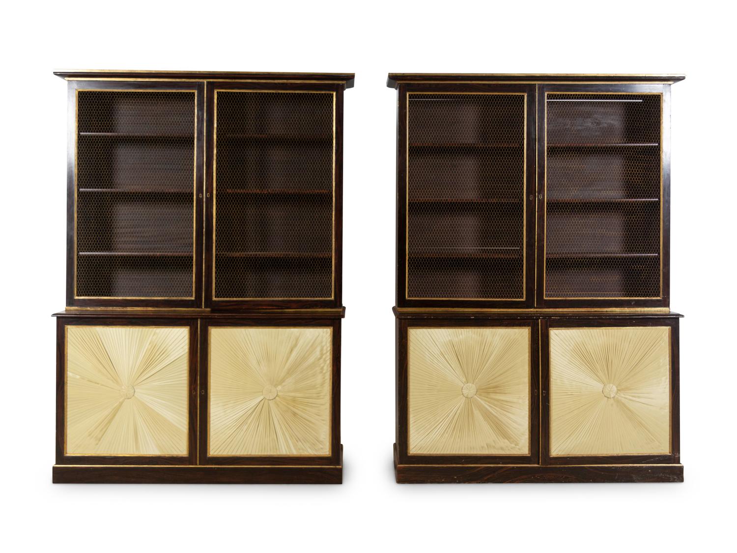 A Pair of Regency Style Grain Painted and Parcel Gilt Bookcases