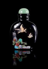 A Mother-of-Pearl and Hardstone Inset Black Glass Snuff Bottle Height 3 inches. — 20TH CENTURY