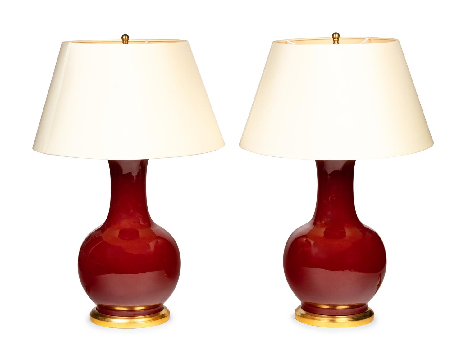 A Pair of Iron Red Glazed Porcelain Lamps