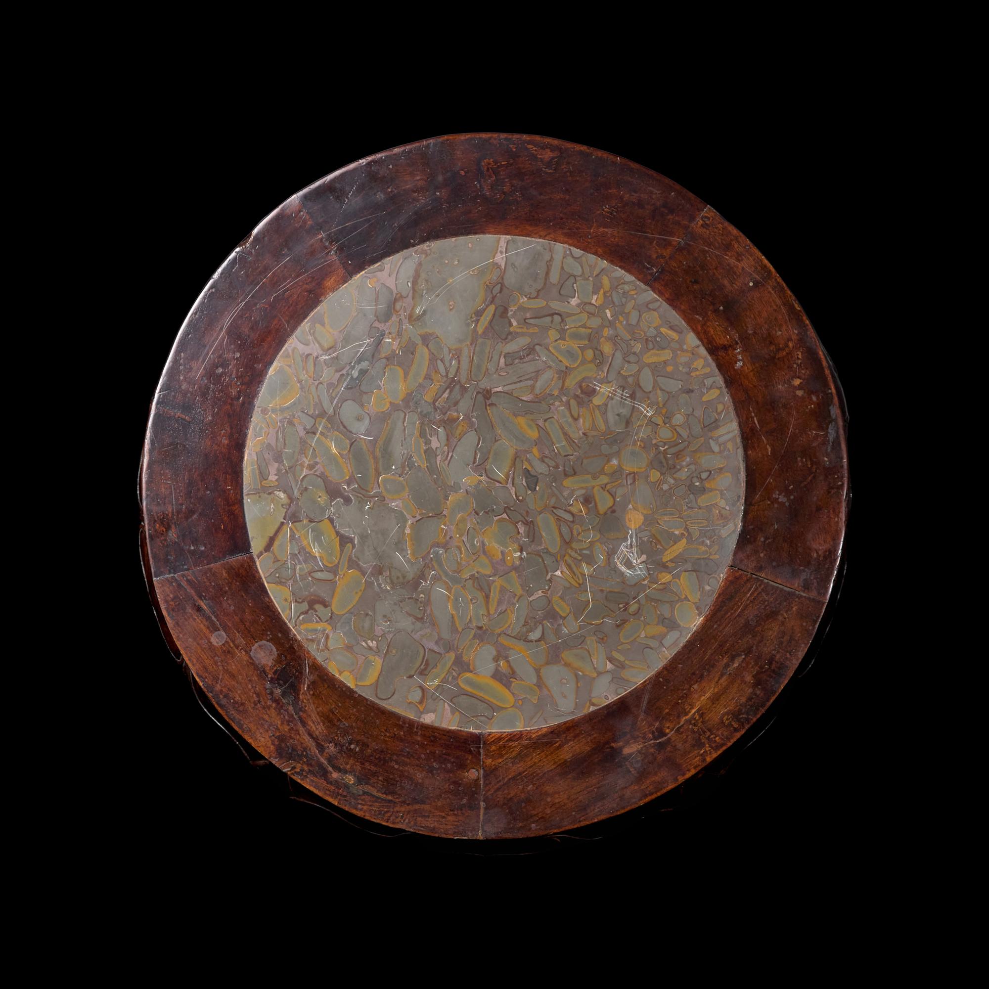 A Chinese Puddingstone Inset Wood Stand 布丁石嵌木座子