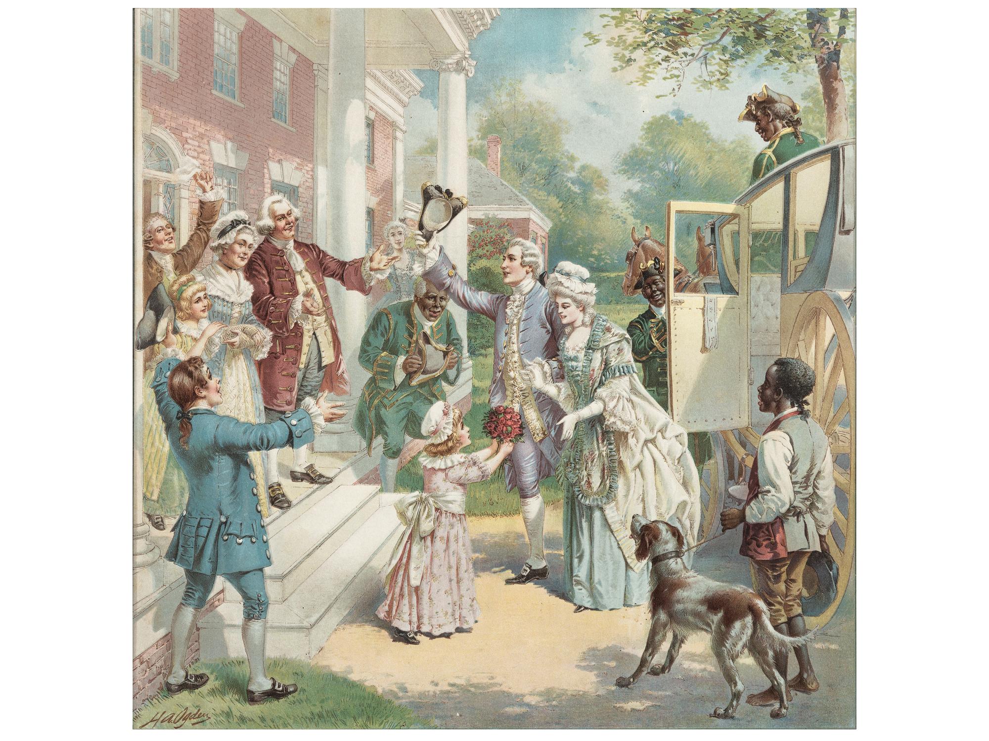 [AFRICAN AMERICANA]. OGDEN, H.A., artist. Colonial advertising scene. Home Coming of the Bride . New York: American Lithographic Co., ca 1906.