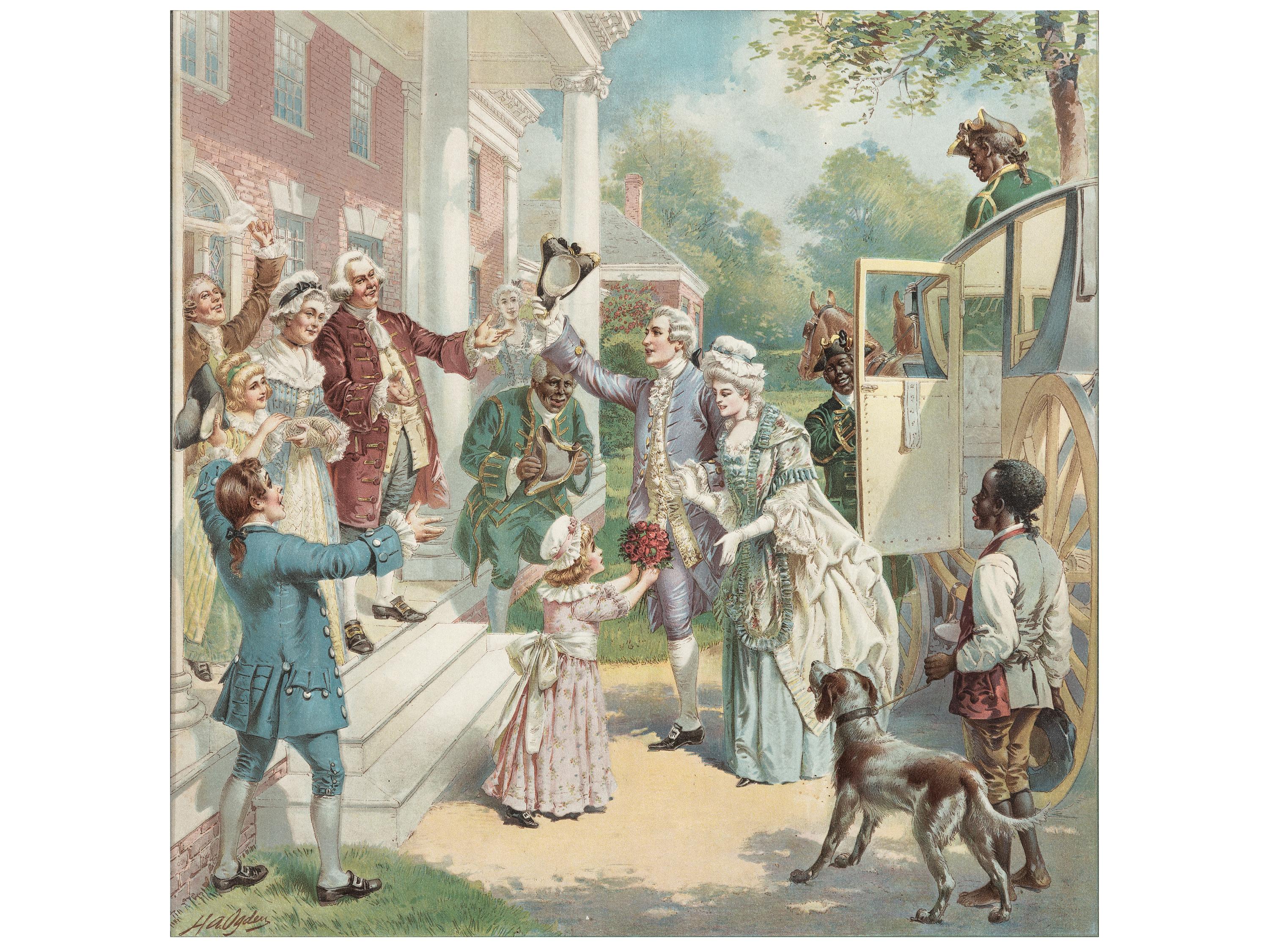 [AFRICAN AMERICANA]. OGDEN, H.A., artist. Colonial advertising scene. Home Coming of the Bride . New York: American Lithographic Co., ca 1906.