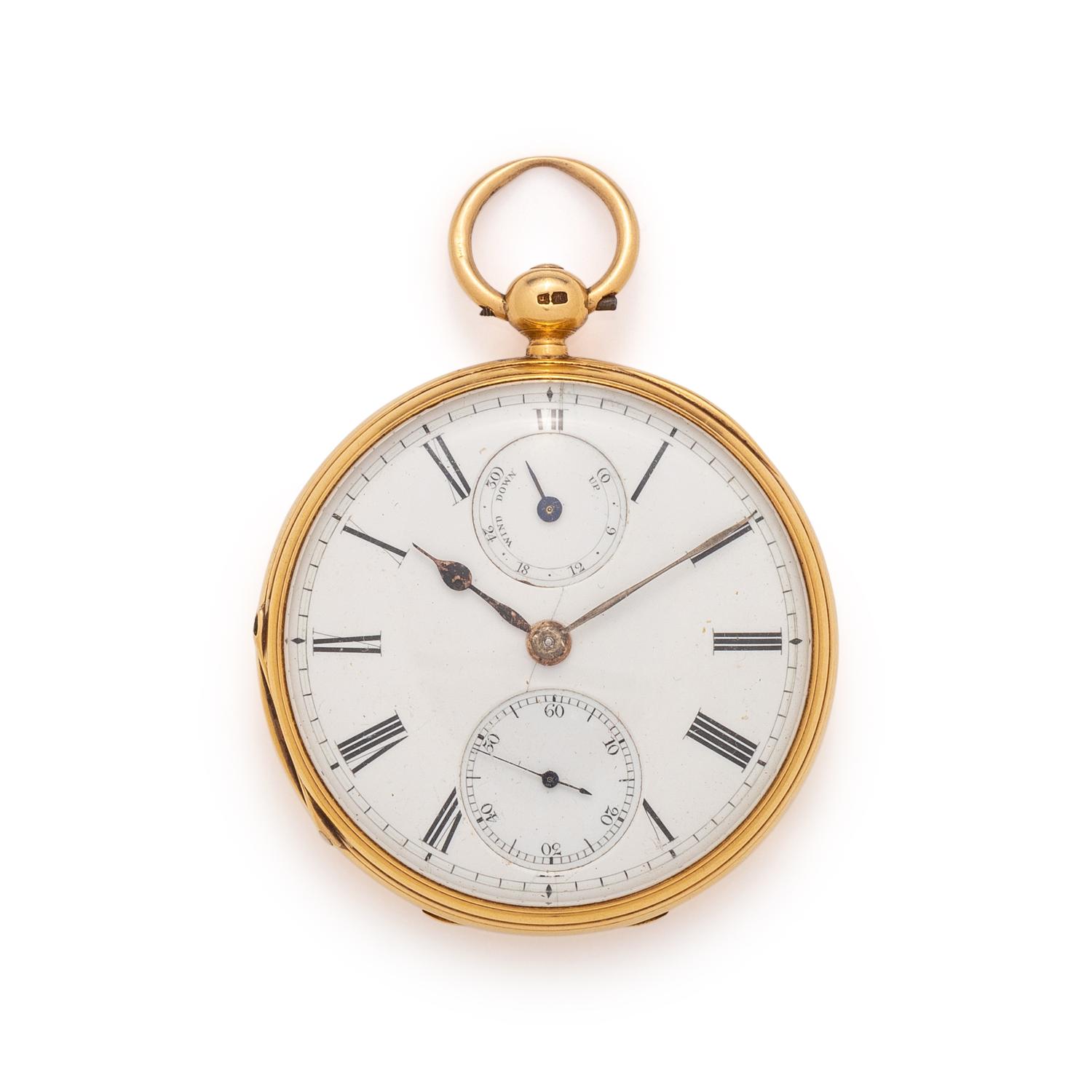 BRITISH, 18K YELLOW GOLD OPEN FACE POCKET WATCH WITH FOB CHAIN