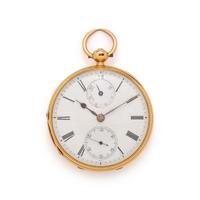 BRITISH, 18K YELLOW GOLD OPEN FACE POCKET WATCH WITH FOB CHAIN