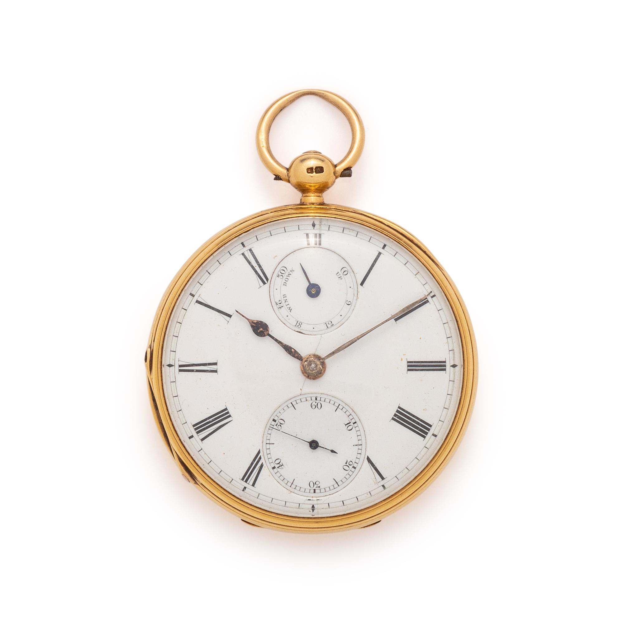 BRITISH, 18K YELLOW GOLD OPEN FACE POCKET WATCH WITH FOB CHAIN