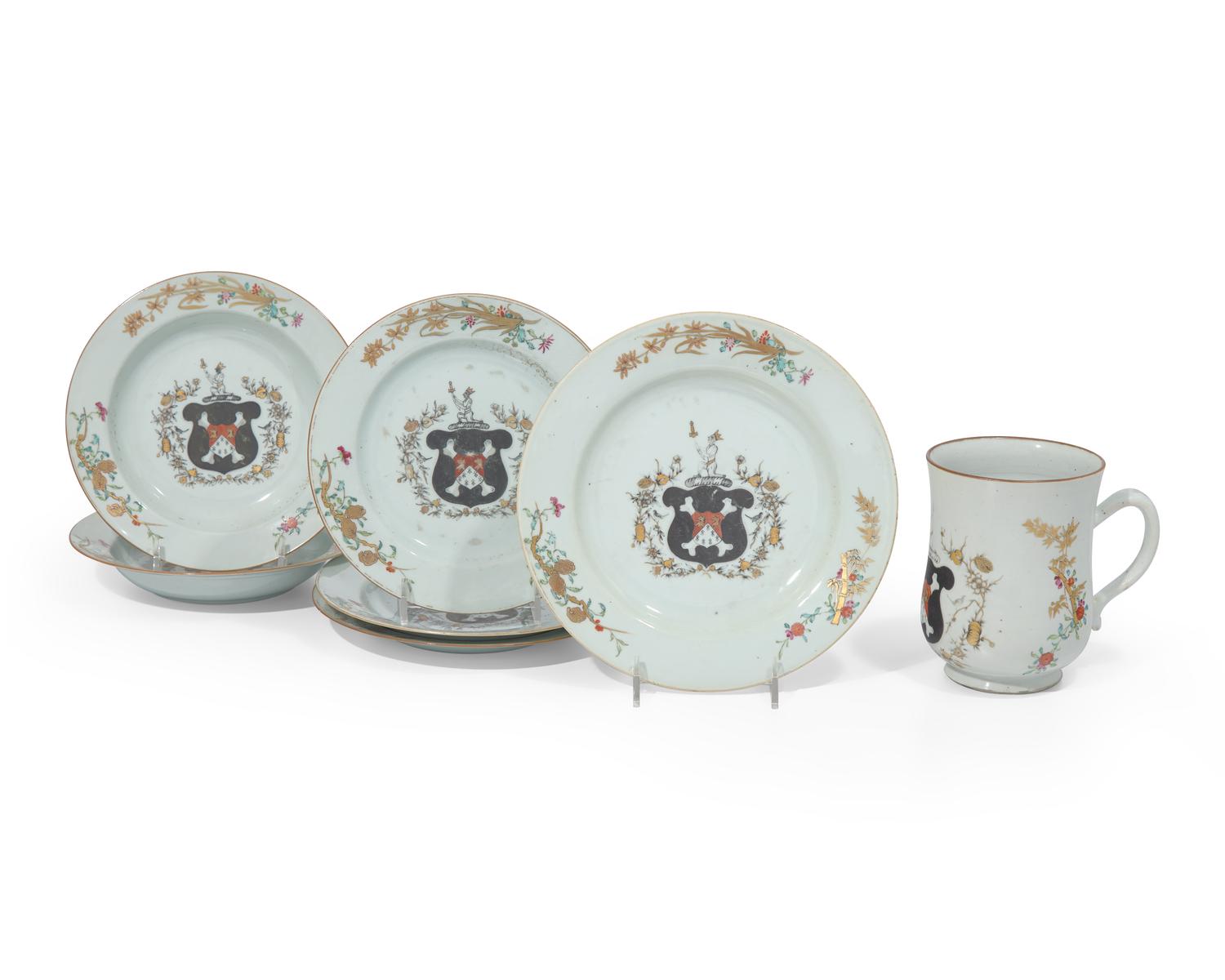 A group of seven Chinese Export porcelain tablewares from the "Newton Service," made for the English Market, circa 1740-1750