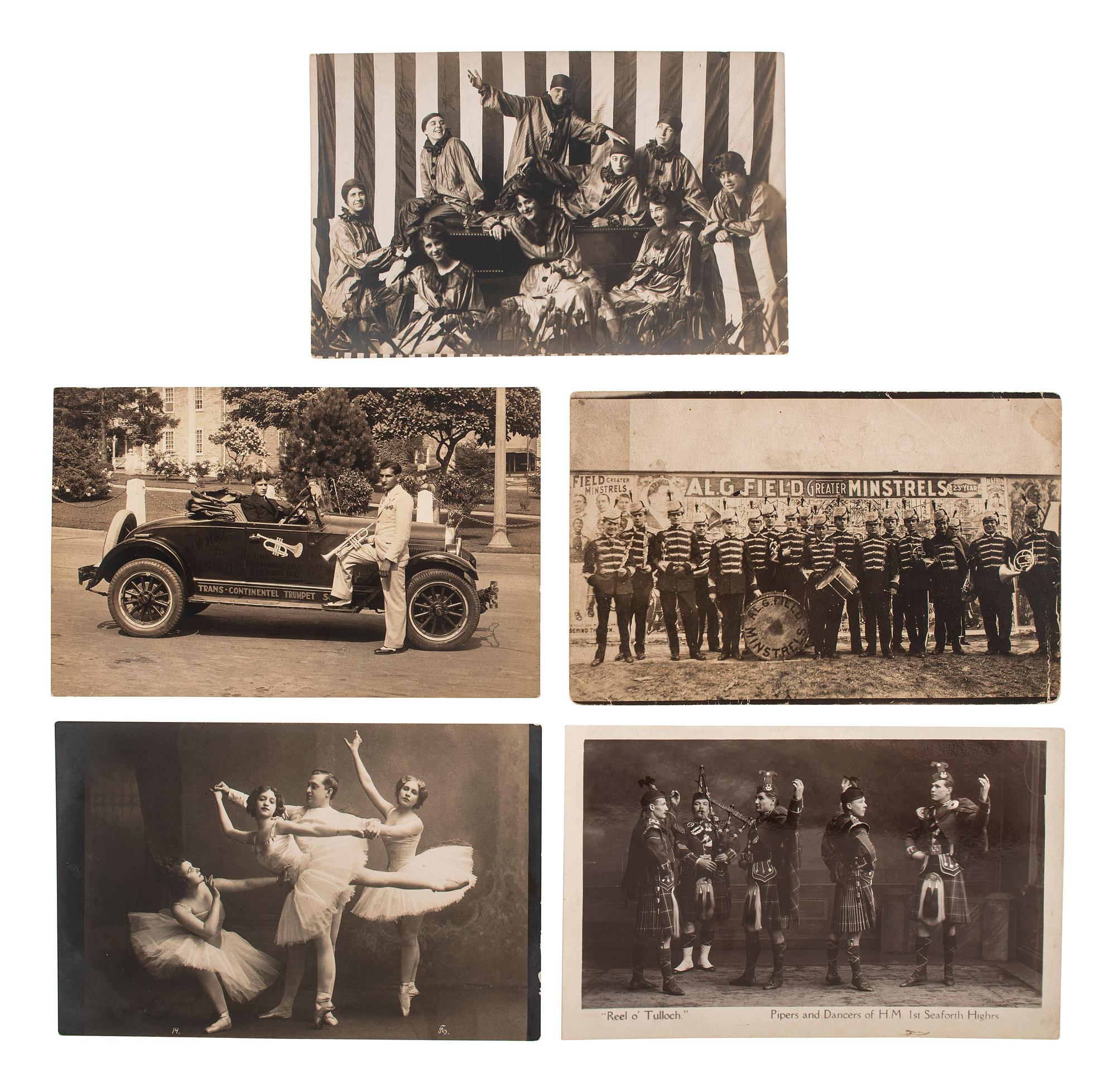 [EARLY PHOTOGRAPHY]. A group of 56 real photo postcards of performers and curious scenes and subjects from the United States and abroad, including: