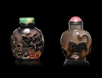 Two Carved Agate 'Fu Lion' Snuff Bottles