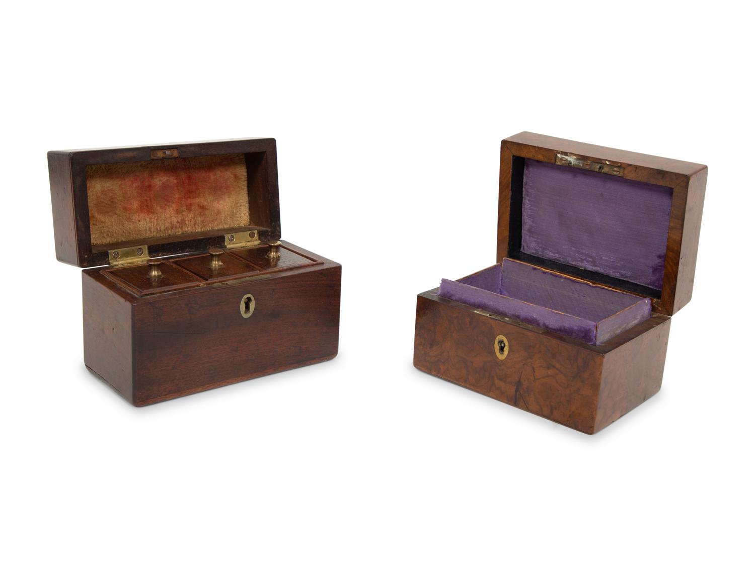 A Georgian Burlwood Jewel Box and a Mahogany Tea Caddy