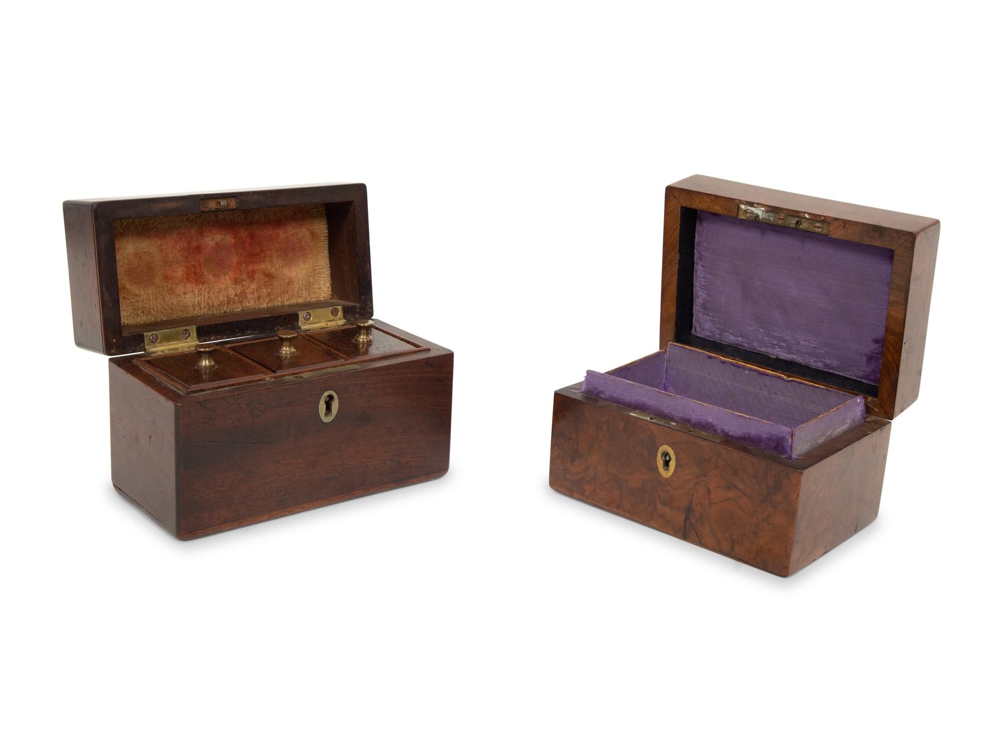 A Georgian Burlwood Jewel Box and a Mahogany Tea Caddy