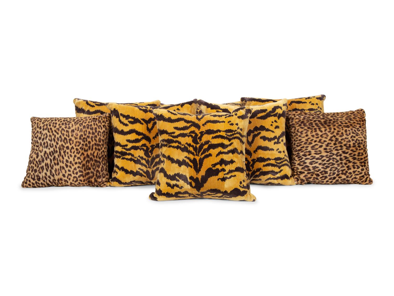 Six Scalamandré Silk Velvet Tigre Pillows and Two Cheetah Design Pillows