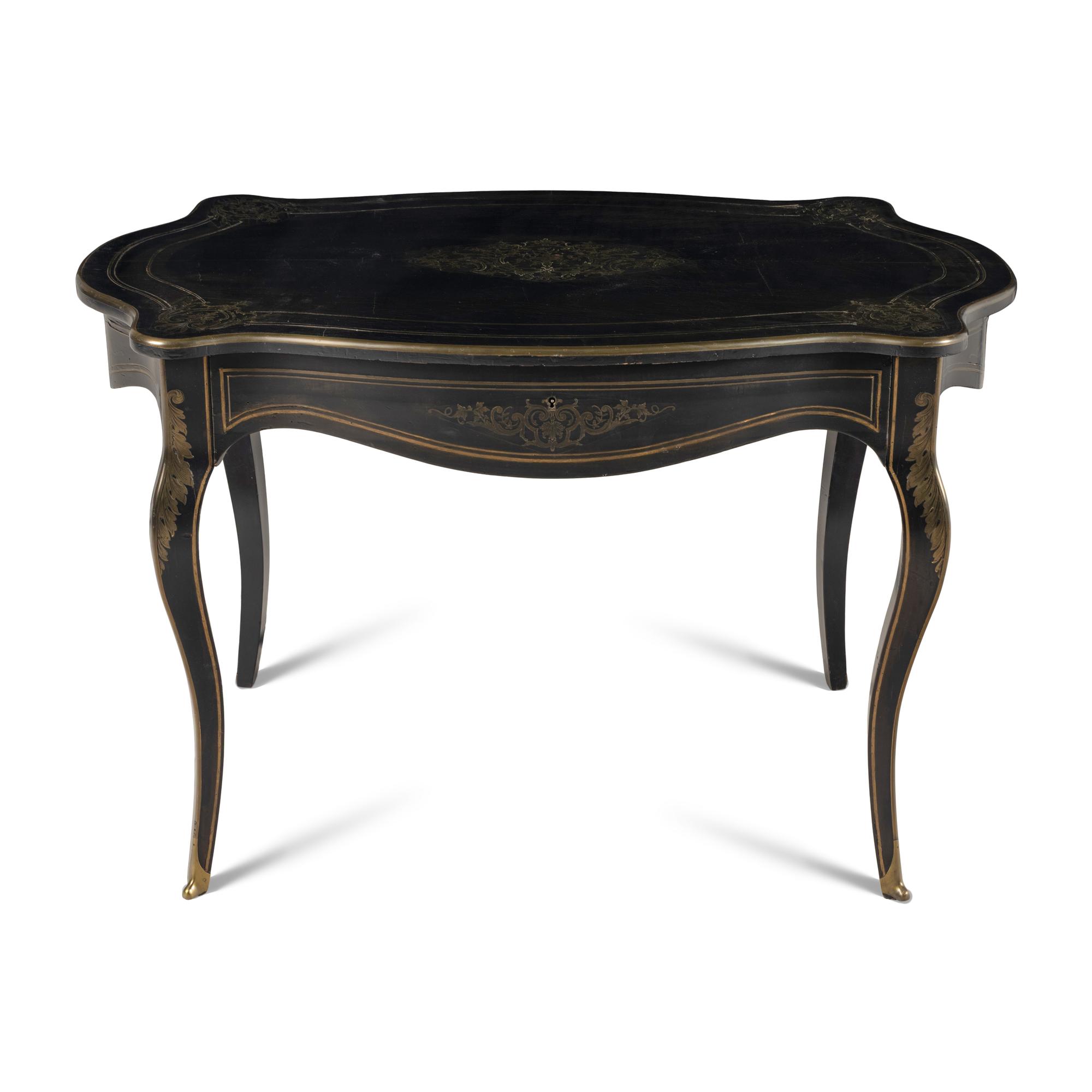 A Napoleon III Brass-Inlaid Ebonized Table