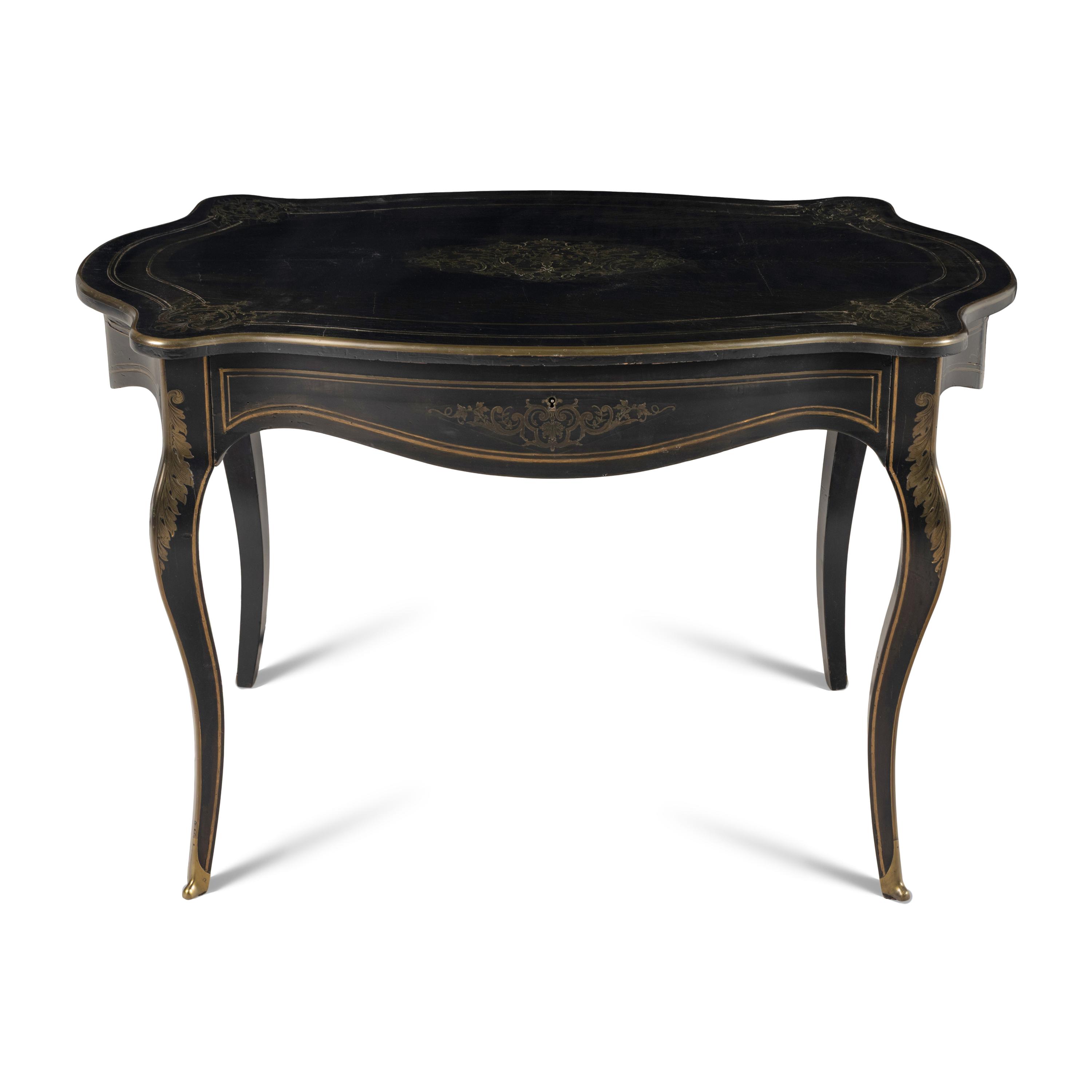 A Napoleon III Brass-Inlaid Ebonized Table