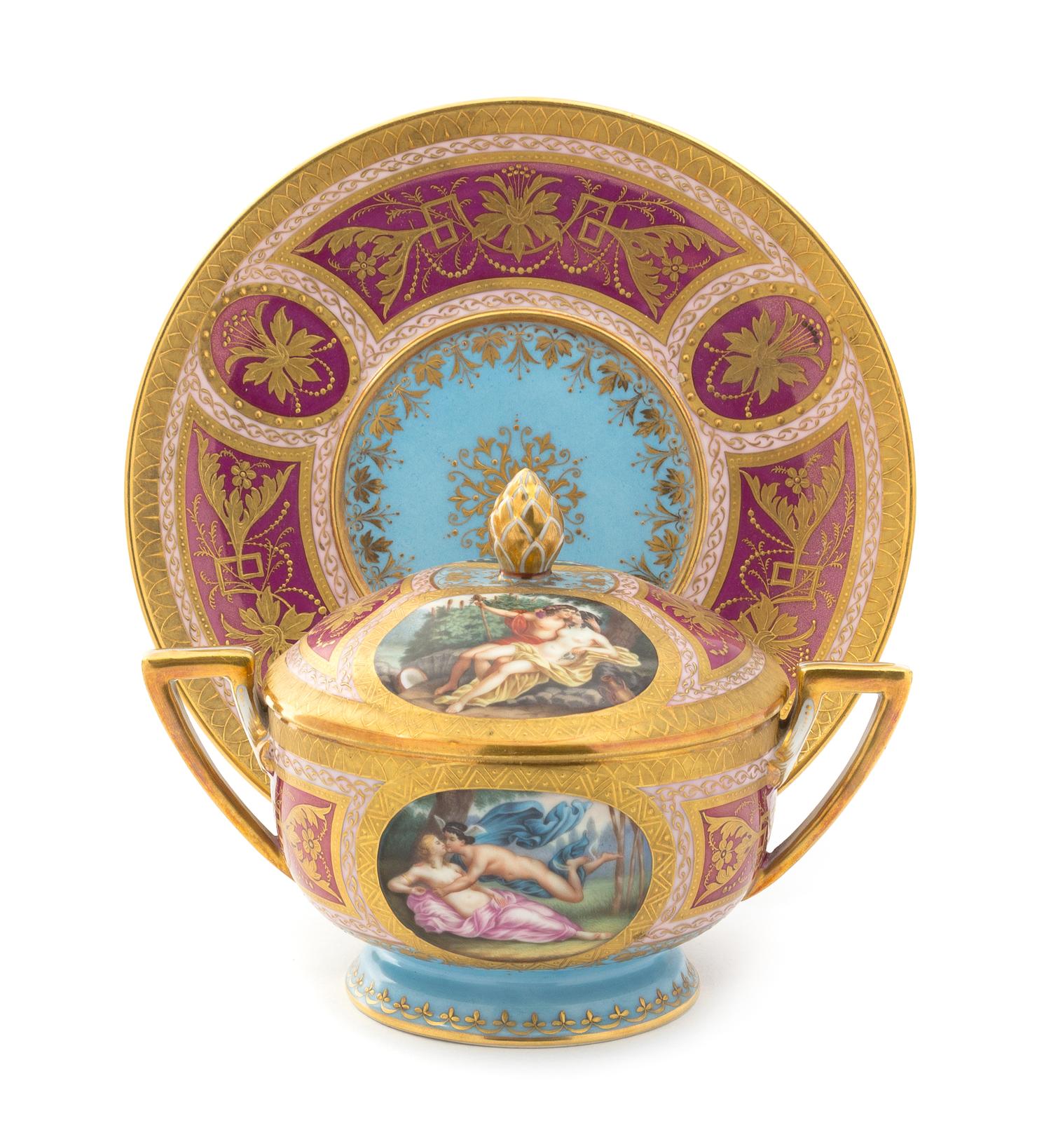 A Royal Vienna Porcelain Two-Handled Cup, Cover and Saucer Diameter of saucer 7 3/4 inches.
