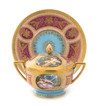 A Royal Vienna Porcelain Two-Handled Cup, Cover and Saucer Diameter of saucer 7 3/4 inches.
