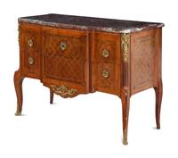 A Louis XV/XVI Transitional Parquetry Marble-Top Commode