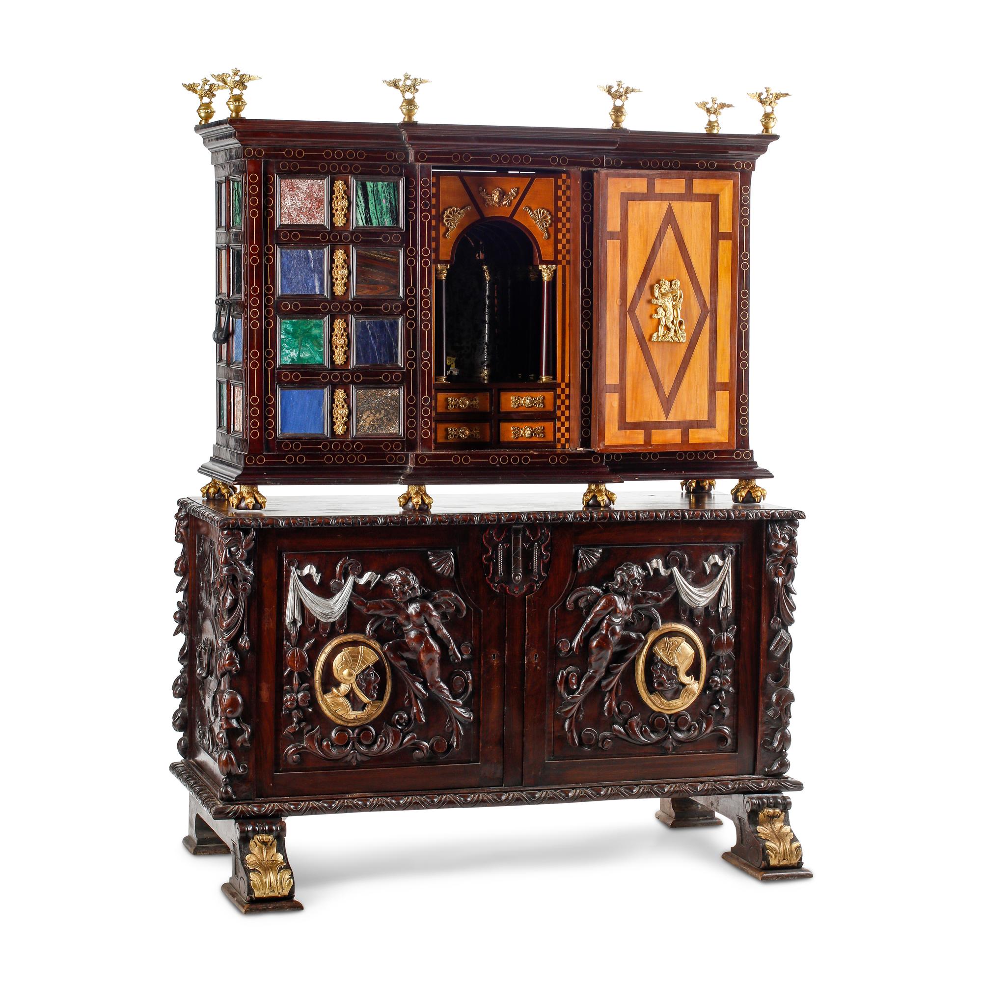 An Italian Renaissance Style Semiprecious Stone-Inlaid Collector's Cabinet on Stand