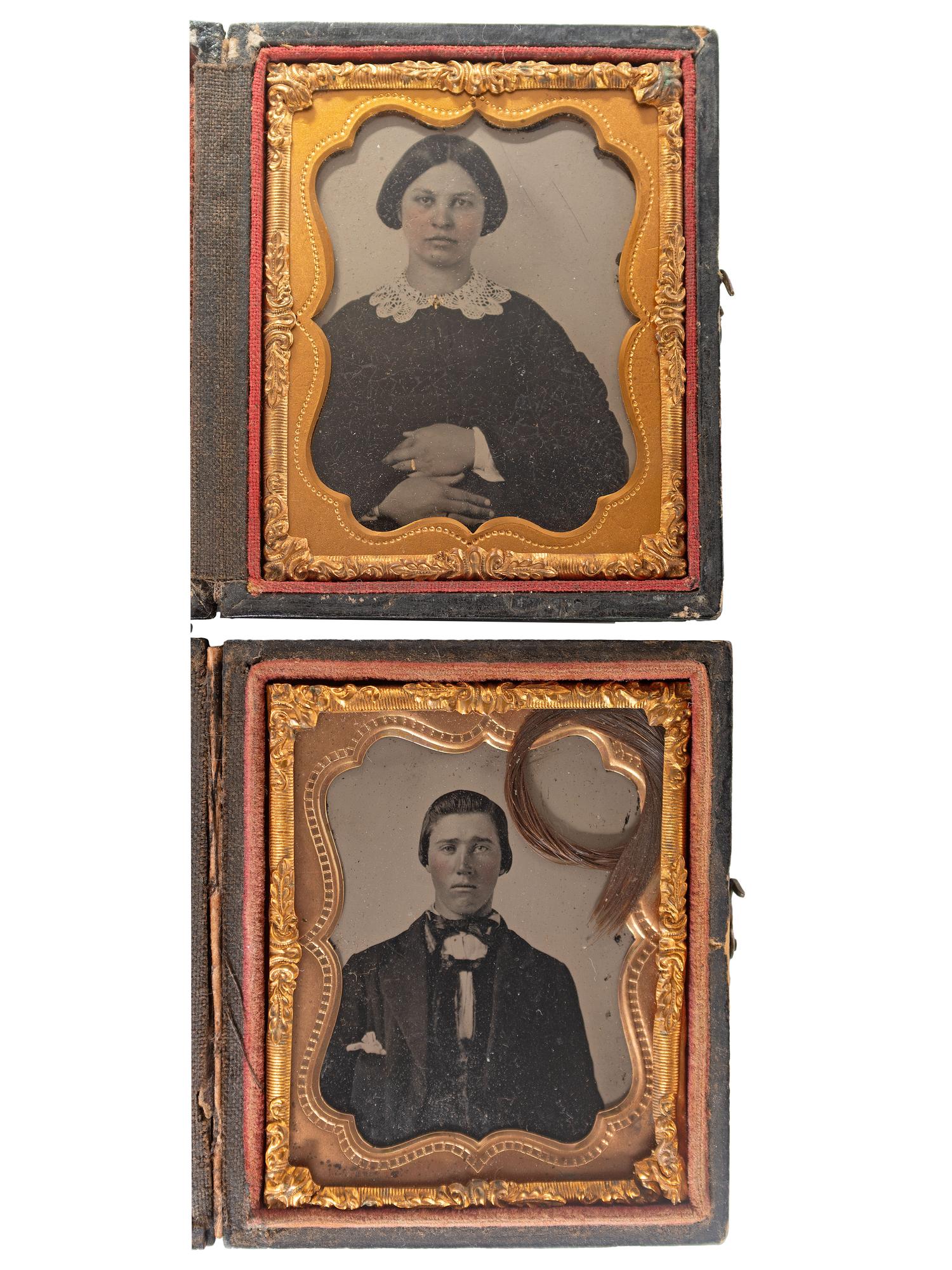 [CIVIL WAR]. Ninth plate ambrotypes showing Confederate soldier Timothy W. Knights, 136th Militia Virginia Infantry, and his expectant wife Mary Knights.