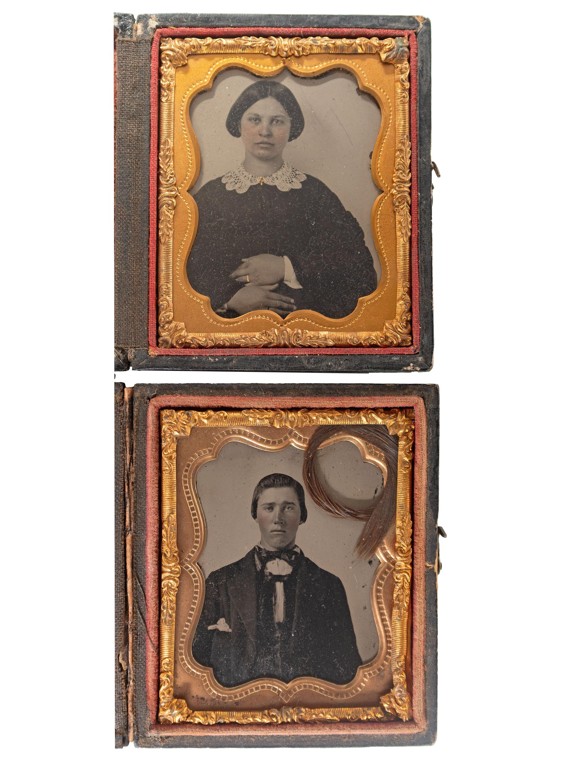 [CIVIL WAR]. Ninth plate ambrotypes showing Confederate soldier Timothy W. Knights, 136th Militia Virginia Infantry, and his expectant wife Mary Knights.