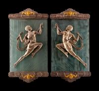 A Pair of Art Deco Silvered, Gilt-Bronze and Etched Glass Sconces
