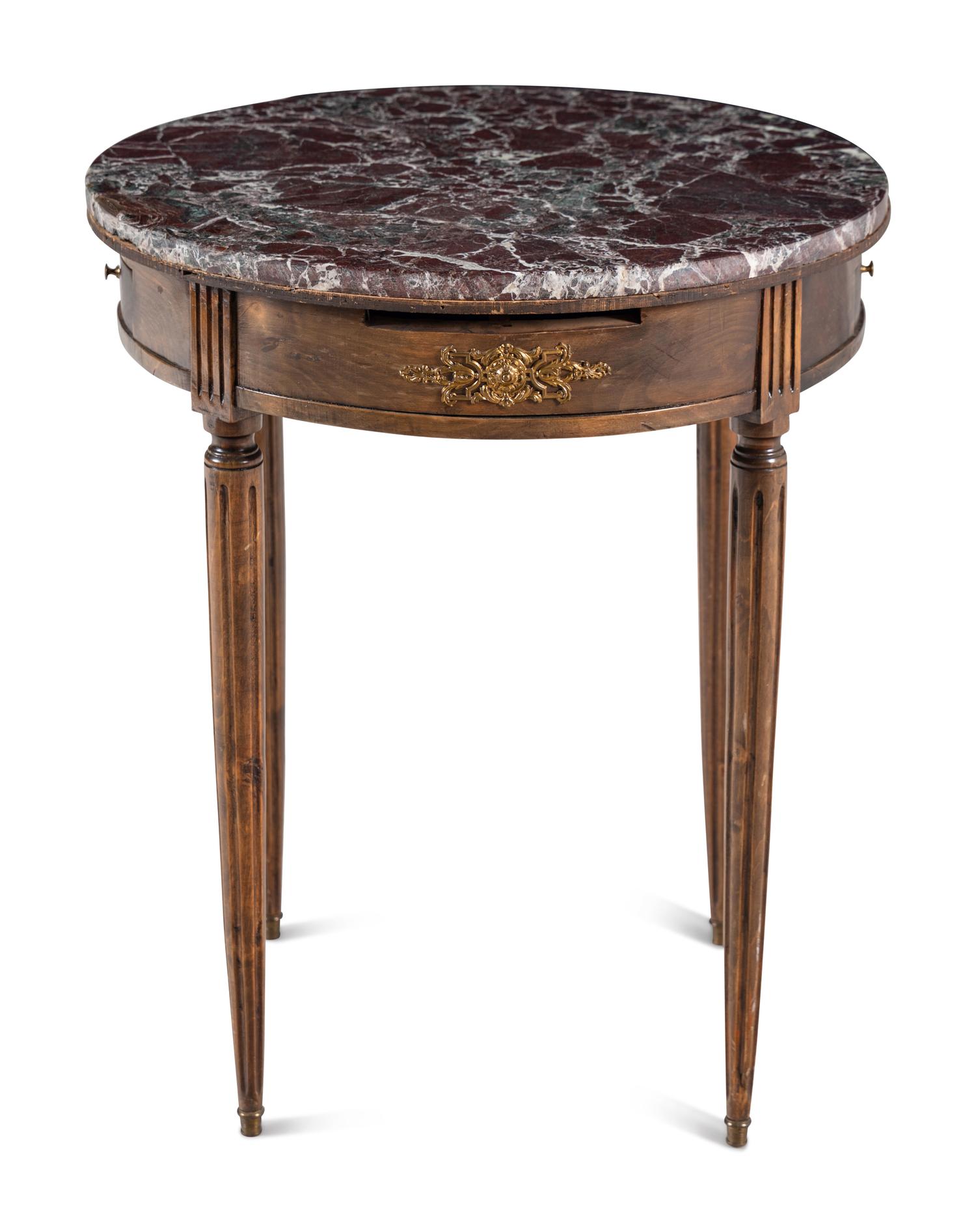 A Louis XVI Style Walnut Marble-Top Bouillotte Table