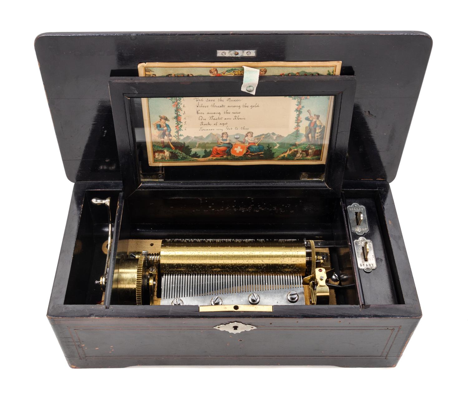 A Swiss Ebonized Music Box Height 5 x width 14 inches. — 19TH CENTURY