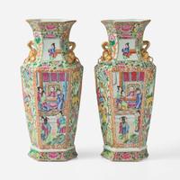 A pair of Chinese "Rose Medallion" hexagonal baluster vases 粉彩六方瓶一對