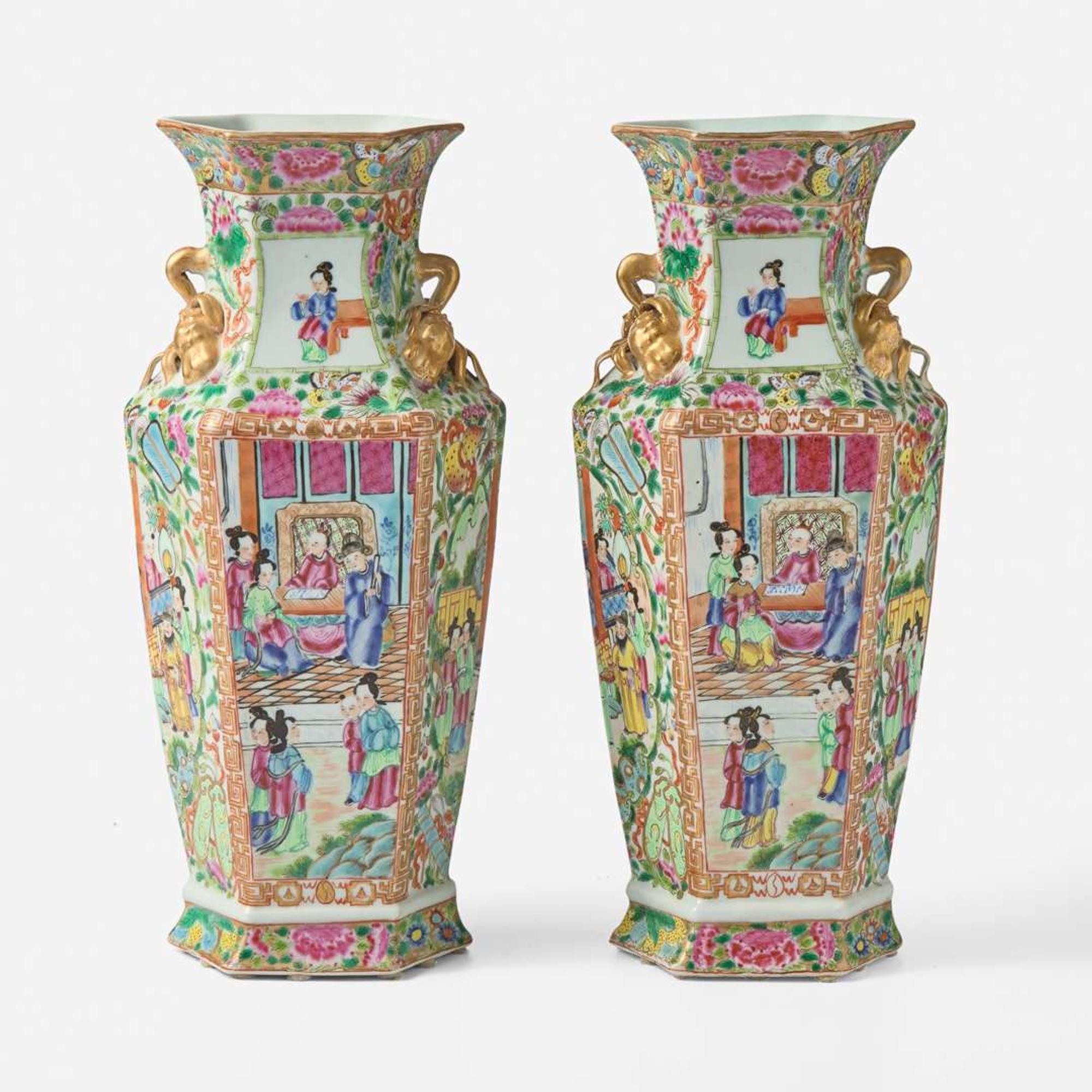 A pair of Chinese "Rose Medallion" hexagonal baluster vases 粉彩六方瓶一對