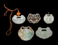 Five Jade and Jadeite Ruyi Lock-Form Pendants