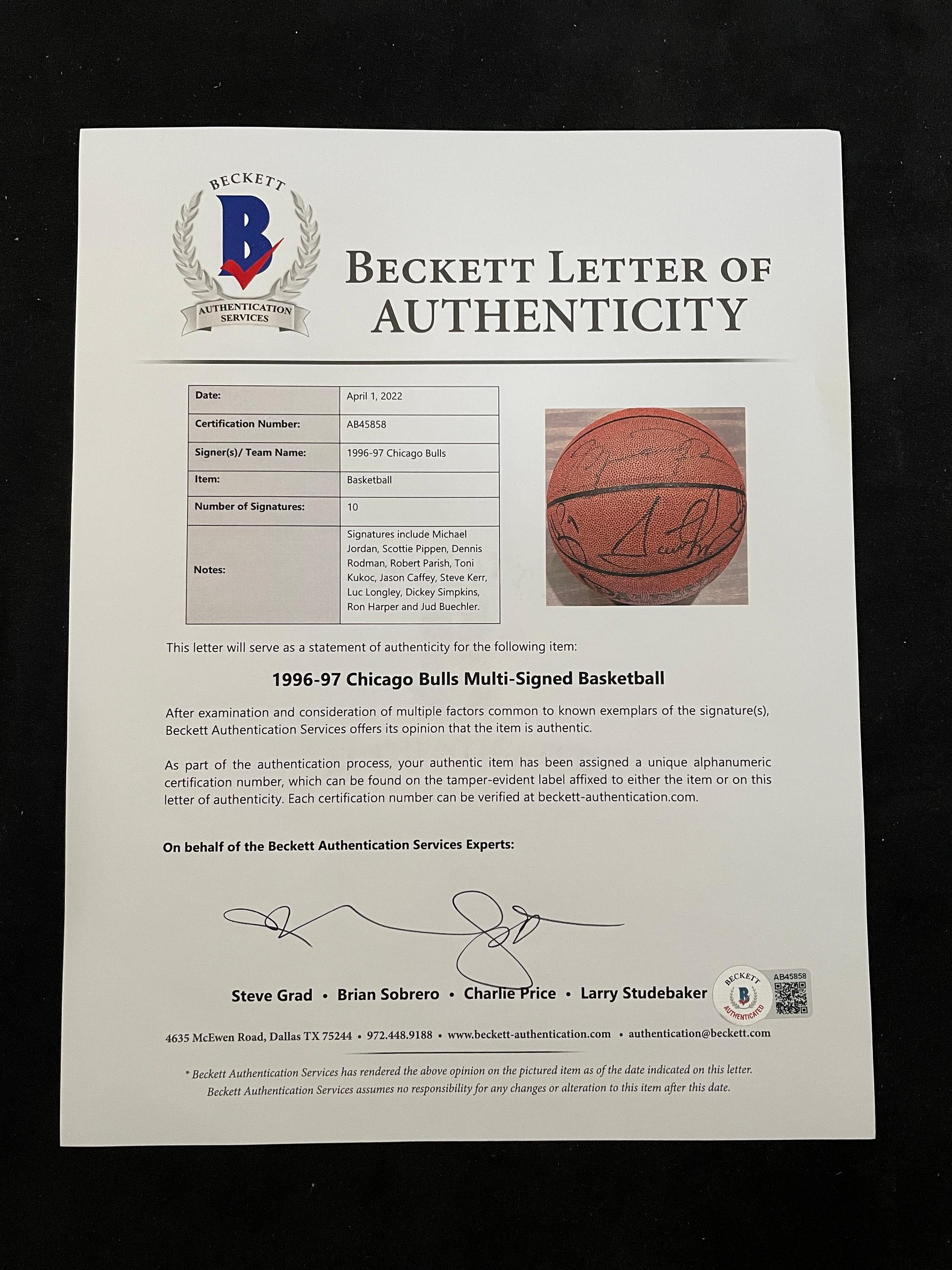 A 1996-97 Chicago Bulls NBA Champions Team Signed Autograph Basketball (Bulls Letter and Beckett Authentication Services Letter BAS Certified),