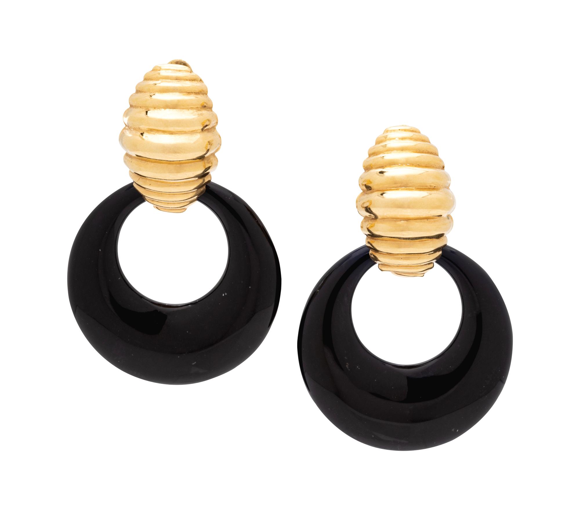 A Pair of Yellow Gold and Hardstone Convertible Earclips,