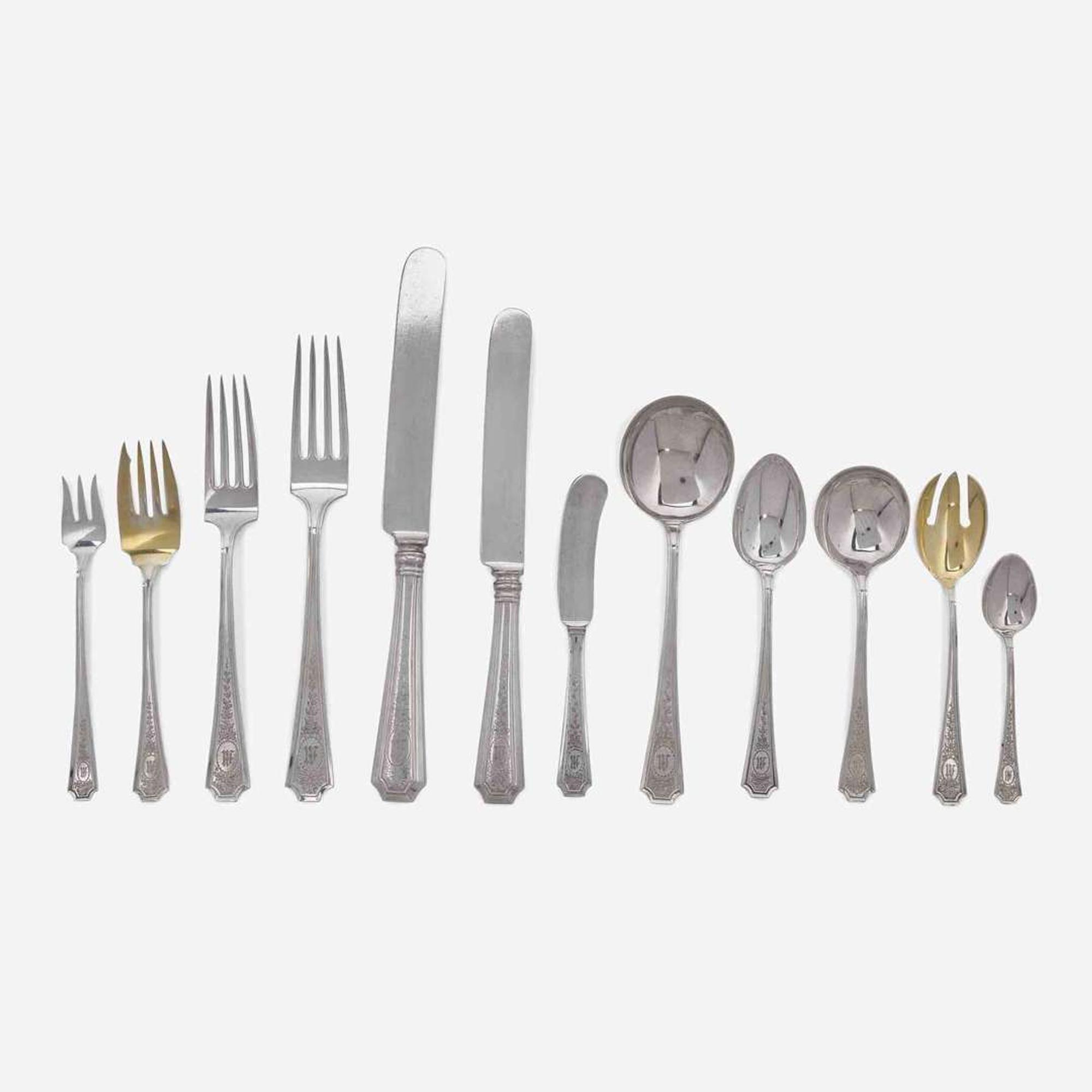 A sterling silver flatware service for twelve in the "Colfax" pattern William B. Durgin Co., Concord, NH and Providence, RI, retailed by J.E. Caldwell & Co. Philadelphia, PA, early 20th century