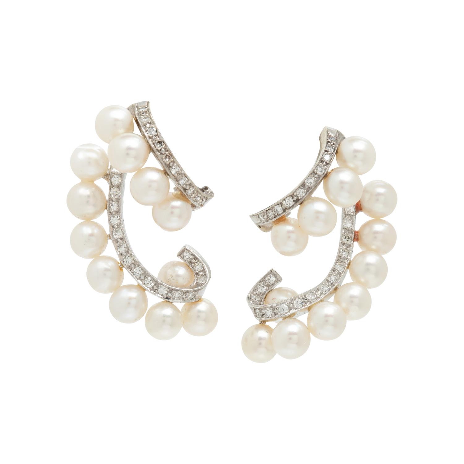 Cultured Pearl, Diamond, and White Gold Earrings