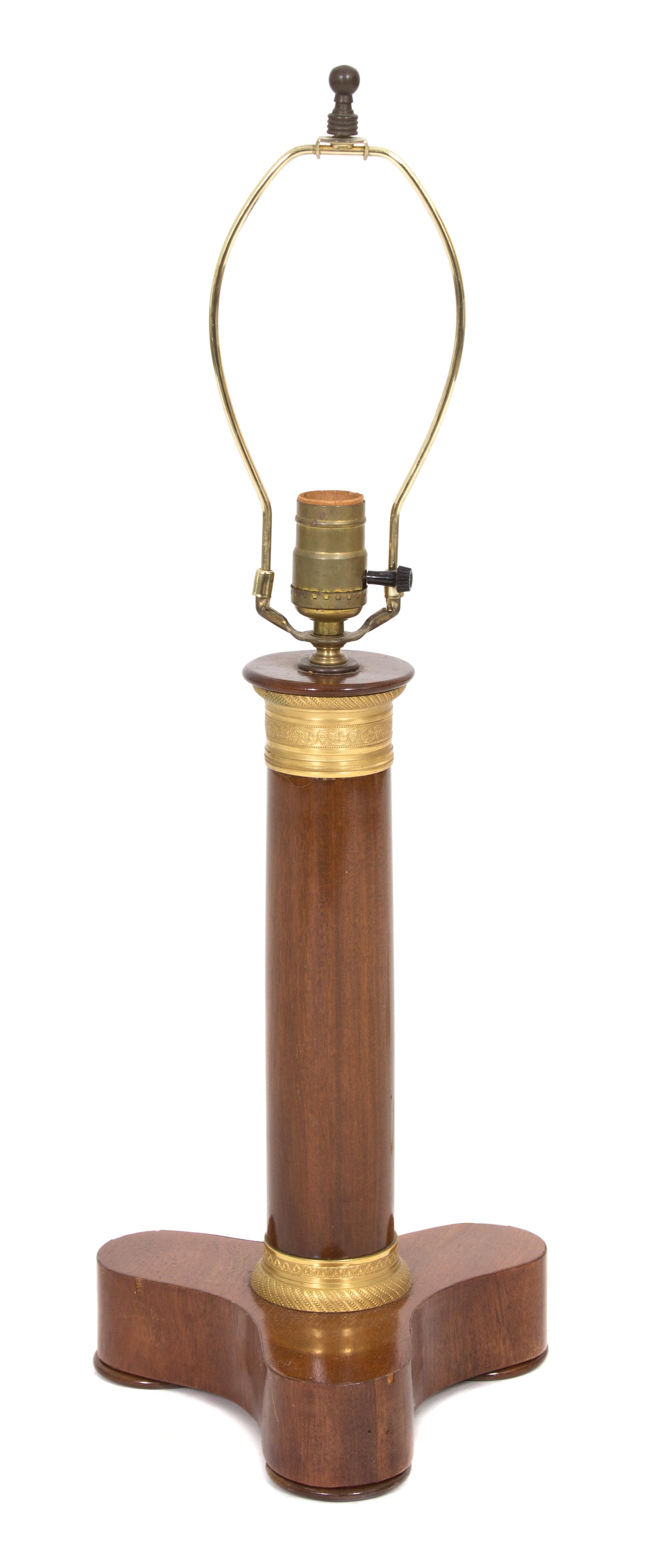 An Empire Style Gilt Metal Mounted Mahogany Columnar Table Lamp Height 15 inches.