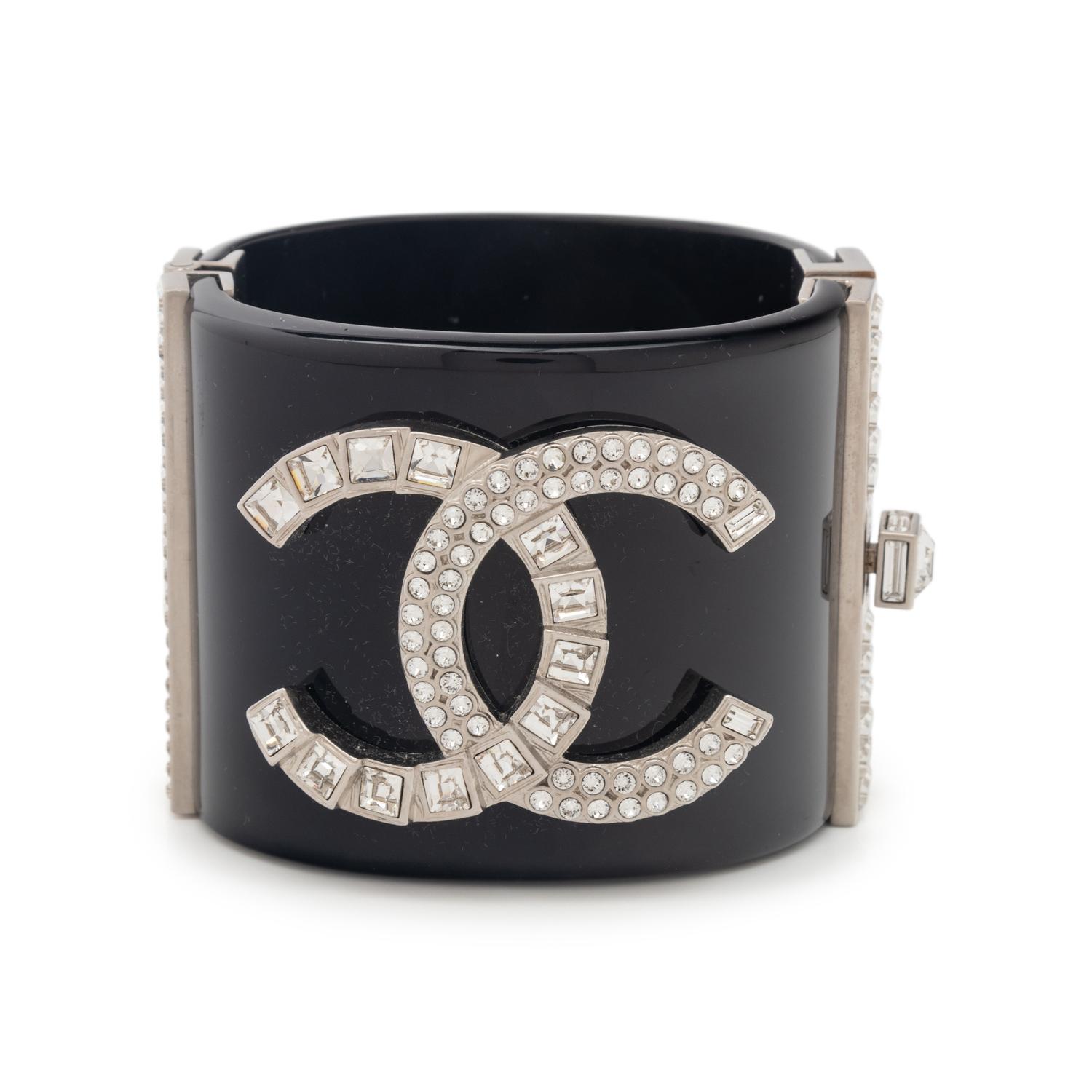 Chanel Black Resin & Rhinestone Logo Cuff