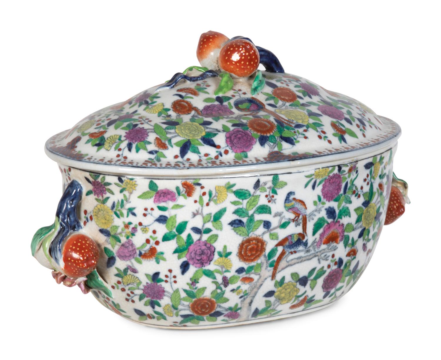 A Transfer-Decorated Glazed Ceramic Tureen with Strawberry-Form Handles