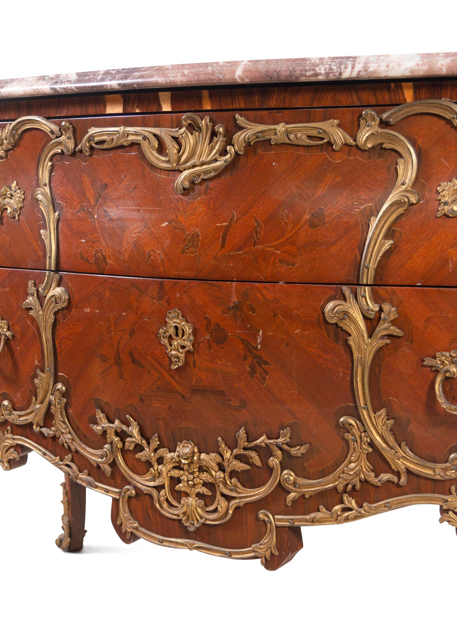 A Louis XV Style Gilt Bronze Mounted Marquetry Marble-Top Commode