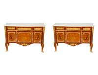 A Pair of Louis XV/XVI Transitional Style Gilt Bronze Mounted Marquetry Marble-Top Commodes