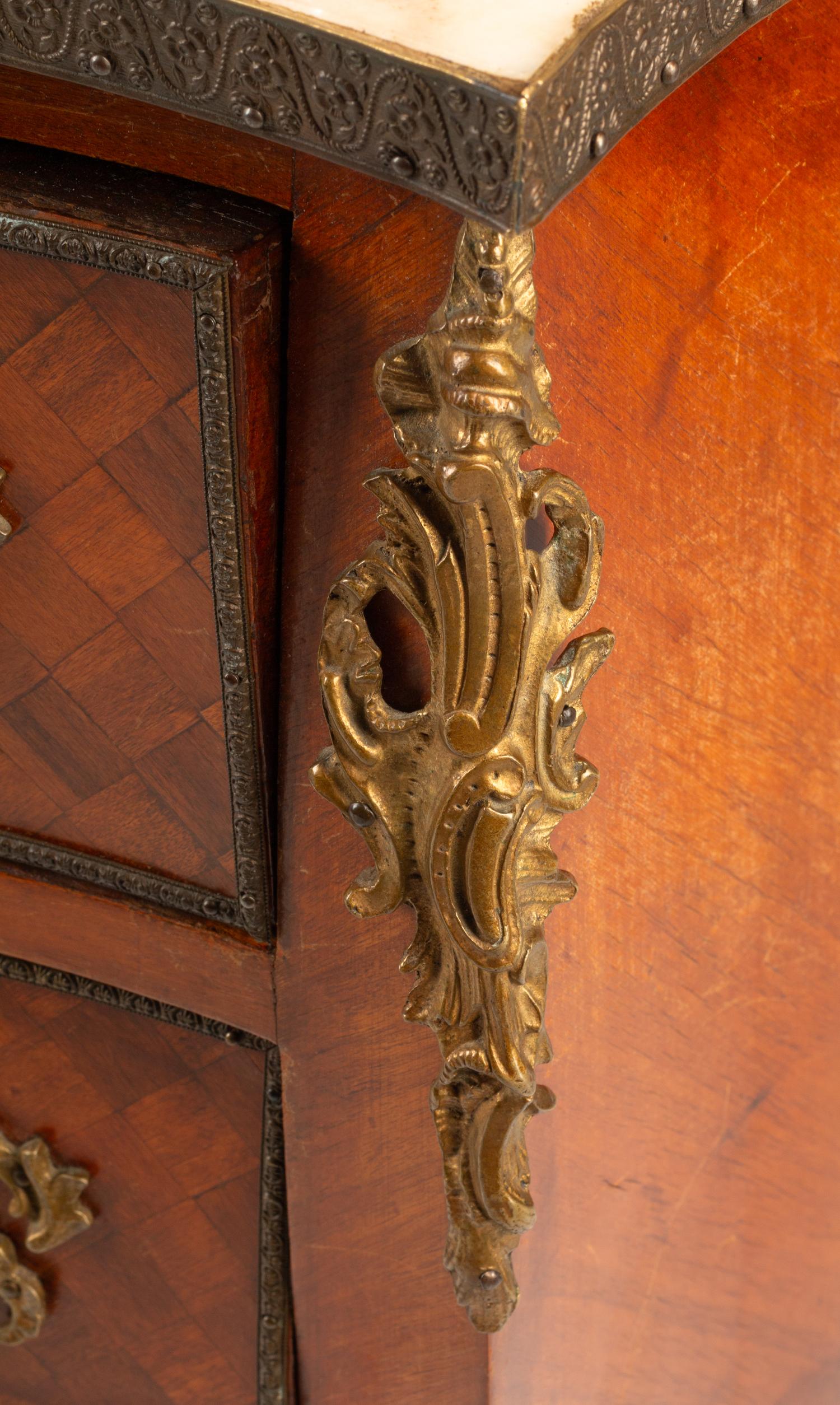 A Pair of Louis XV Style Gilt Bronze Mounted Parquetry Marble-Top Commodes