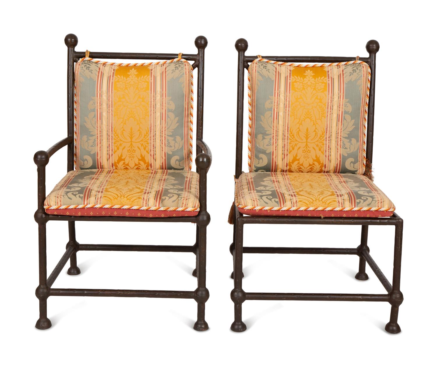 Eight Spanish Style Bronzed Metal Dining Chairs