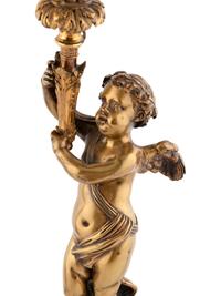 A Pair of French Gilt Bronze and Marble Three-Light Figural Candelabra