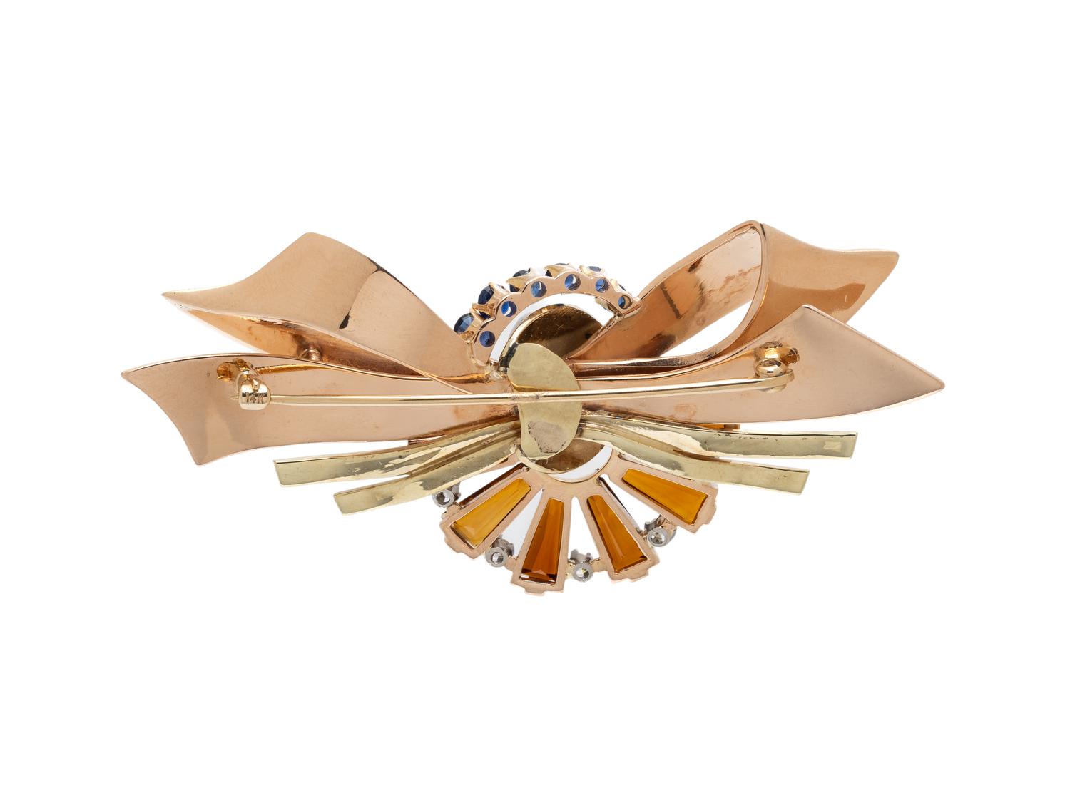 RETRO, SAPPHIRE, DIAMOND, CITRINE AND BICOLOR GOLD BOW BROOCH