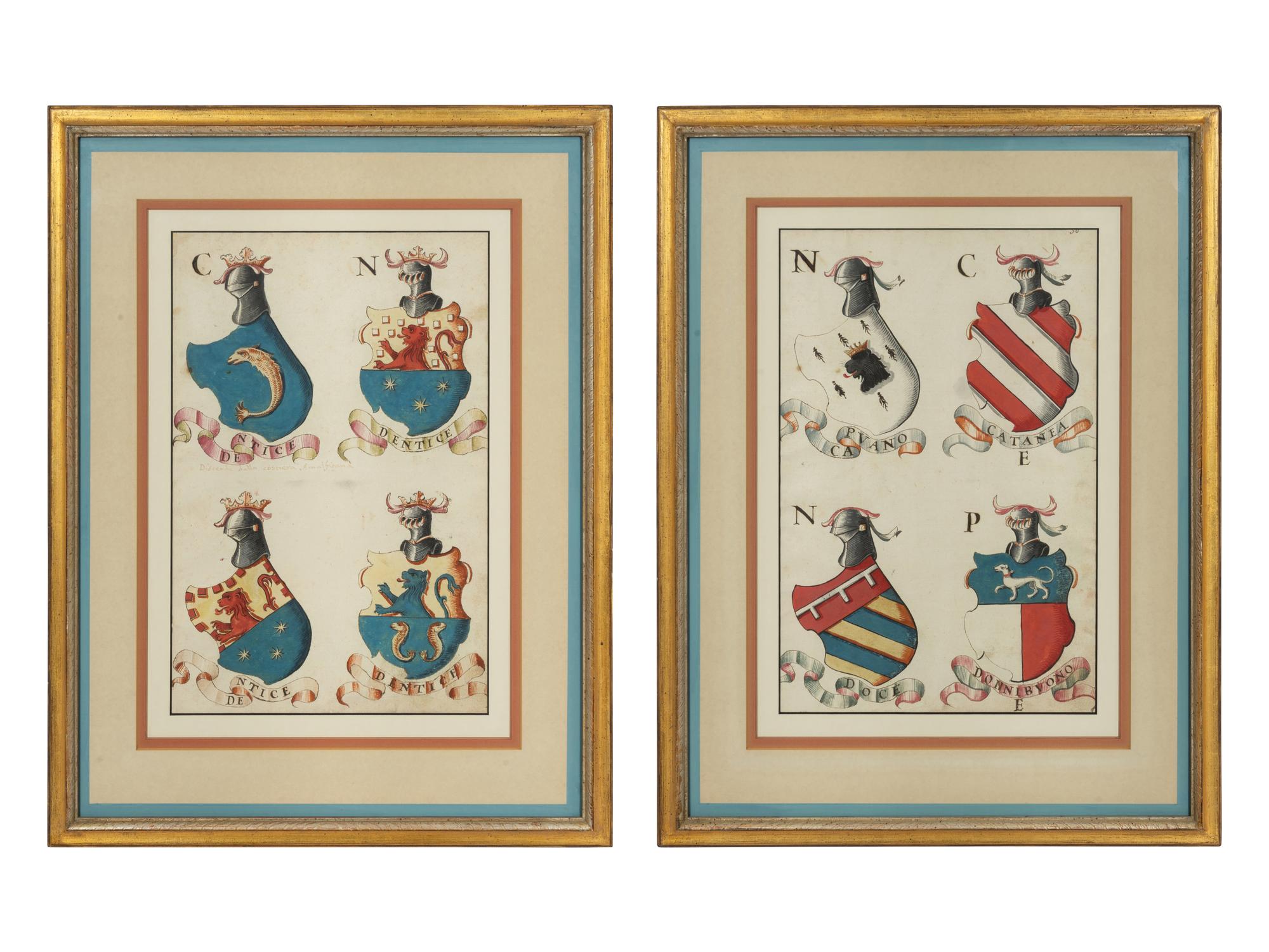 A Set of Italian Watercolor and Gouache Drawings of Coats of Arms