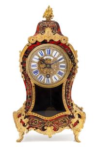 A German Boulle Marquetry Mantel Clock Height 12 1/2 x width 6 1/4 x depth 3 1/2 inches. — LATE 19TH CENTURY/EARLY 20TH CENTURY