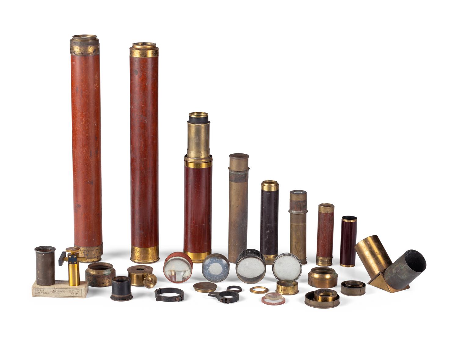 A group of 25 items, highlighted by handheld telescopes, found in the workshop of George W. Fitz, Peconic, New York.